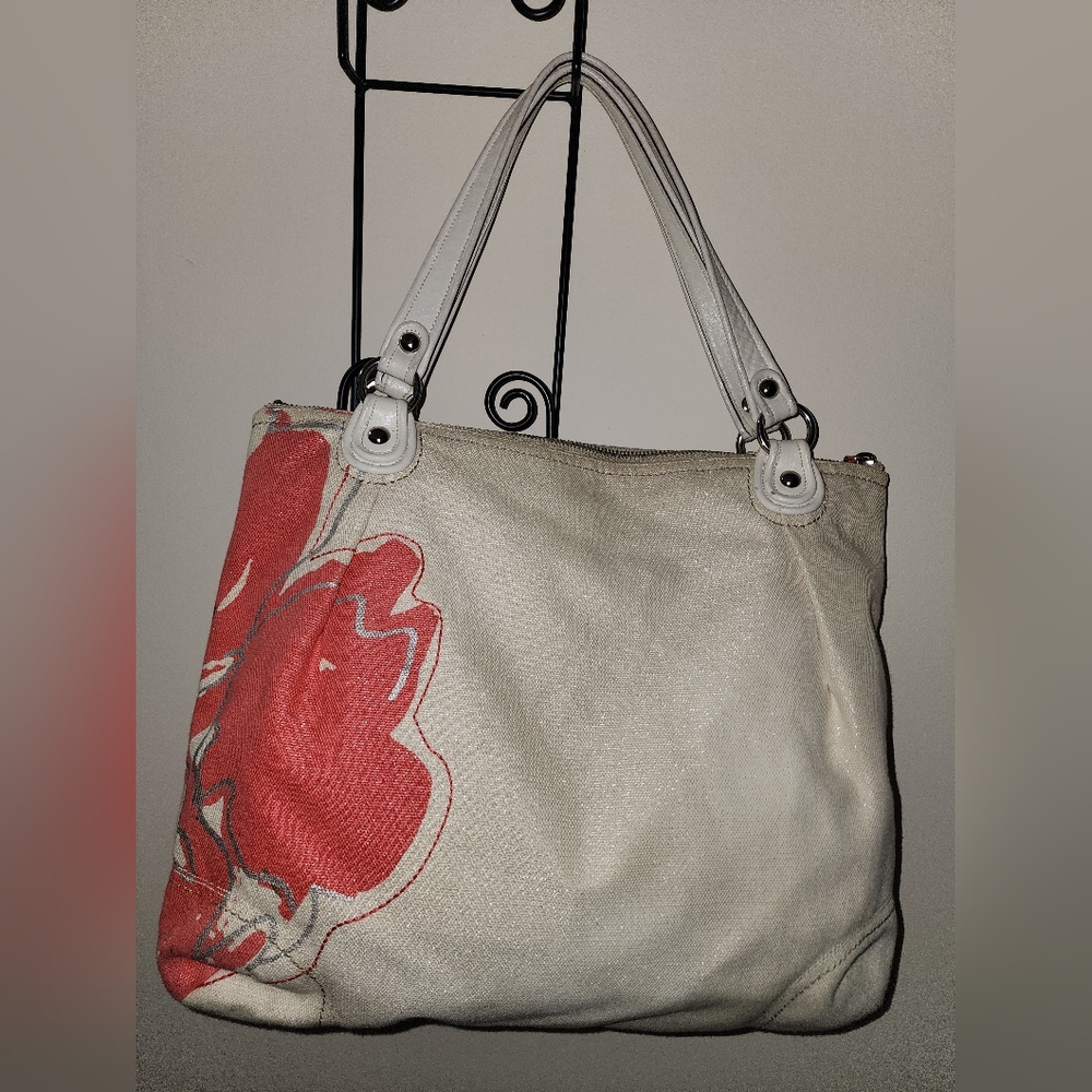 Coach Poppy Leather Canvas Sequins Floral Paint Splash Embroided Purse Tote Pink - Picture 9 of 16